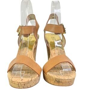 Michael Kors Cork Sole Platform Sandal Womens 6M Brown Leather High Heels 4.5"
